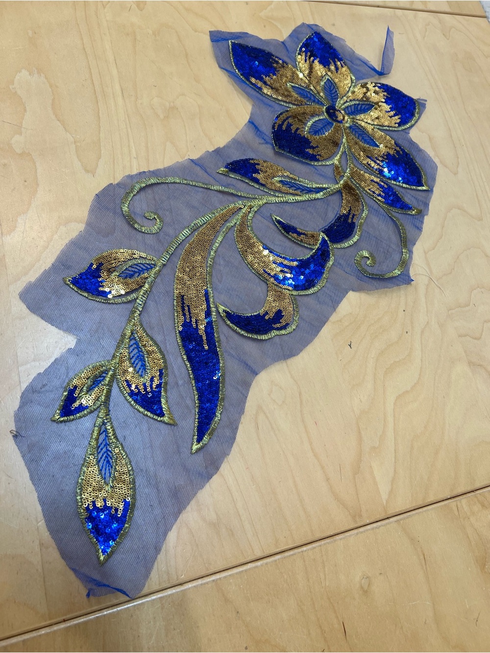 Blue and Gold Sequin Floral Applique Trim - Home- garments Accents Decor